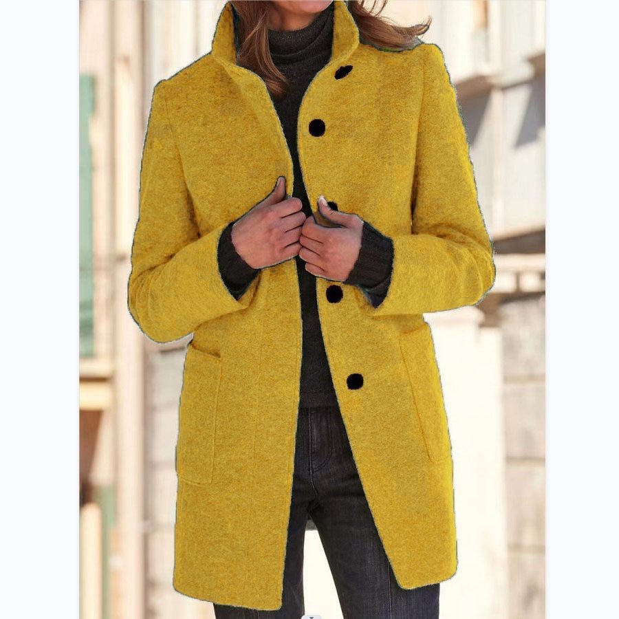 Fashion Stand Collar Woolen Coat With Pockets Fall Winter Casual Button Outwear For Women Clothing - OniVibe