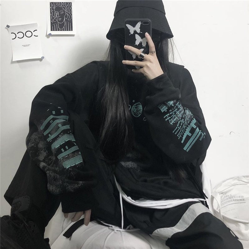 Hoodie dark mourning planet print loose plus velvet - OniVibe