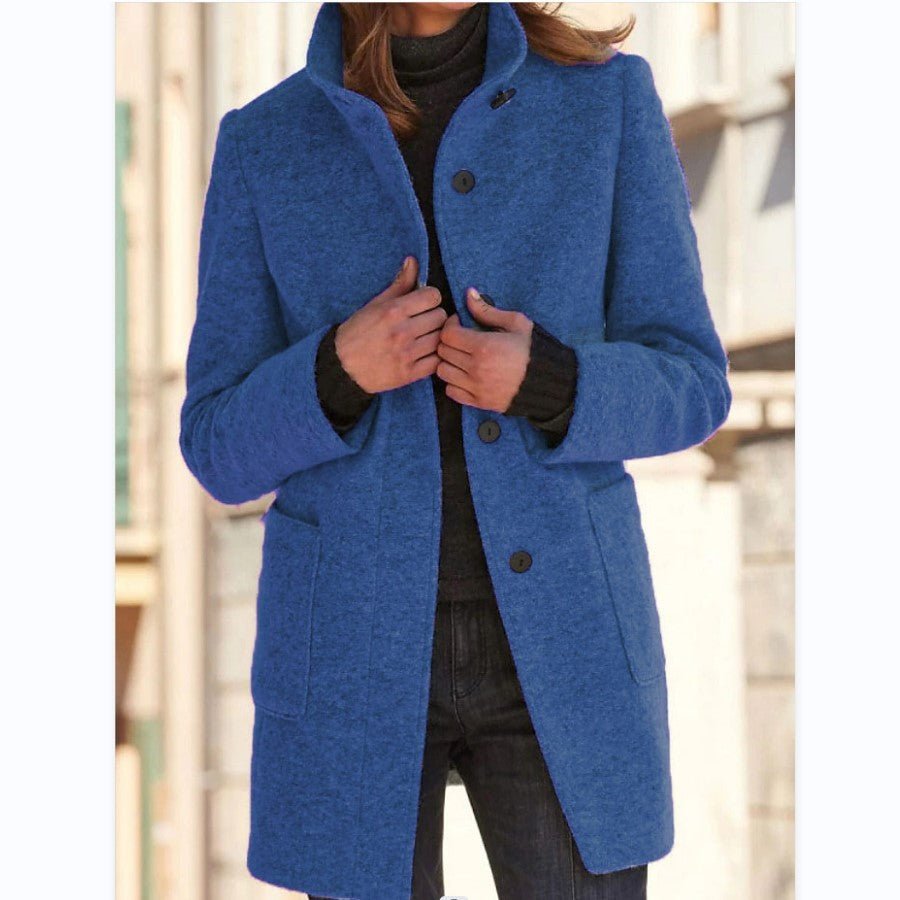 Fashion Stand Collar Woolen Coat With Pockets Fall Winter Casual Button Outwear For Women Clothing - OniVibe