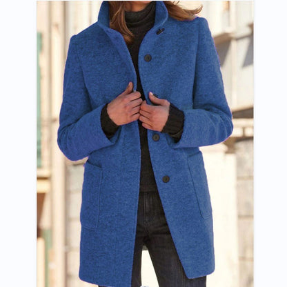 Fashion Stand Collar Woolen Coat With Pockets Fall Winter Casual Button Outwear For Women Clothing - OniVibe