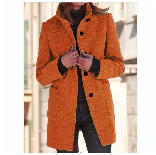 Fashion Stand Collar Woolen Coat With Pockets Fall Winter Casual Button Outwear For Women Clothing - OniVibe