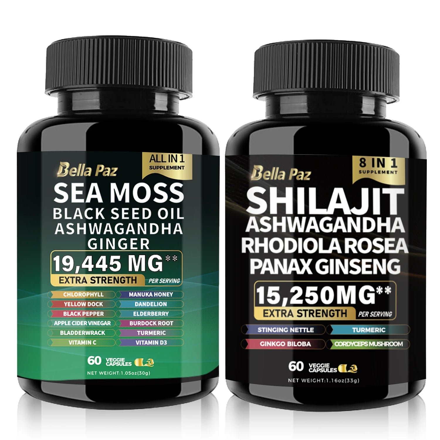 BellaPaz Bundle: Sea Moss 7000mg, Black Seed Oil 4000mg, Ashwagandha 2000mg, Ginger, Shilajit 9000mg, Ginseng 1500mg (2 Bottles)