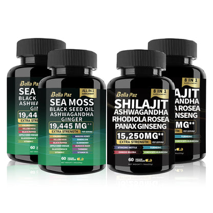 BellaPaz Bundle: Sea Moss 7000mg, Black Seed Oil 4000mg, Ashwagandha 2000mg, Ginger, Shilajit 9000mg, Ginseng 1500mg (2 Bottles)