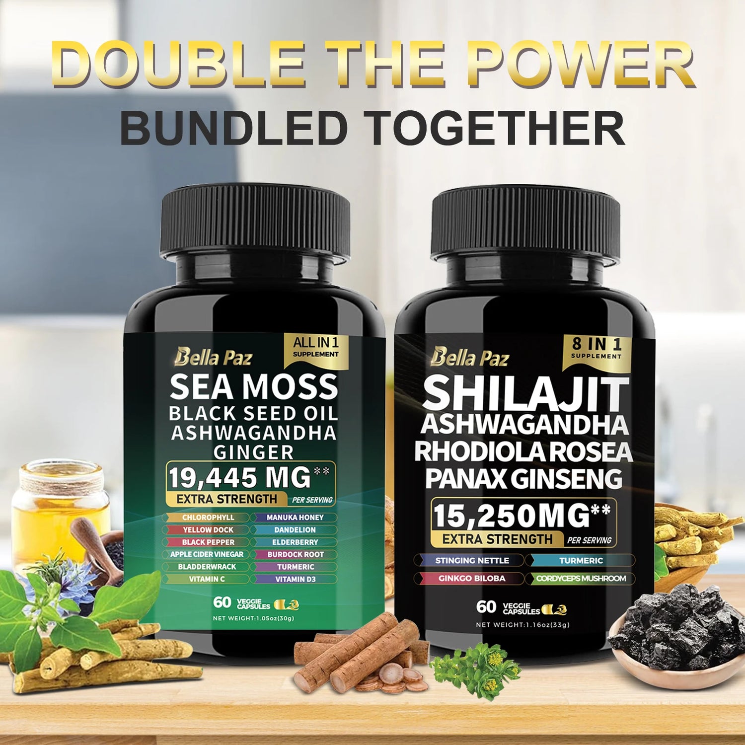 BellaPaz Bundle: Sea Moss 7000mg, Black Seed Oil 4000mg, Ashwagandha 2000mg, Ginger, Shilajit 9000mg, Ginseng 1500mg (2 Bottles)