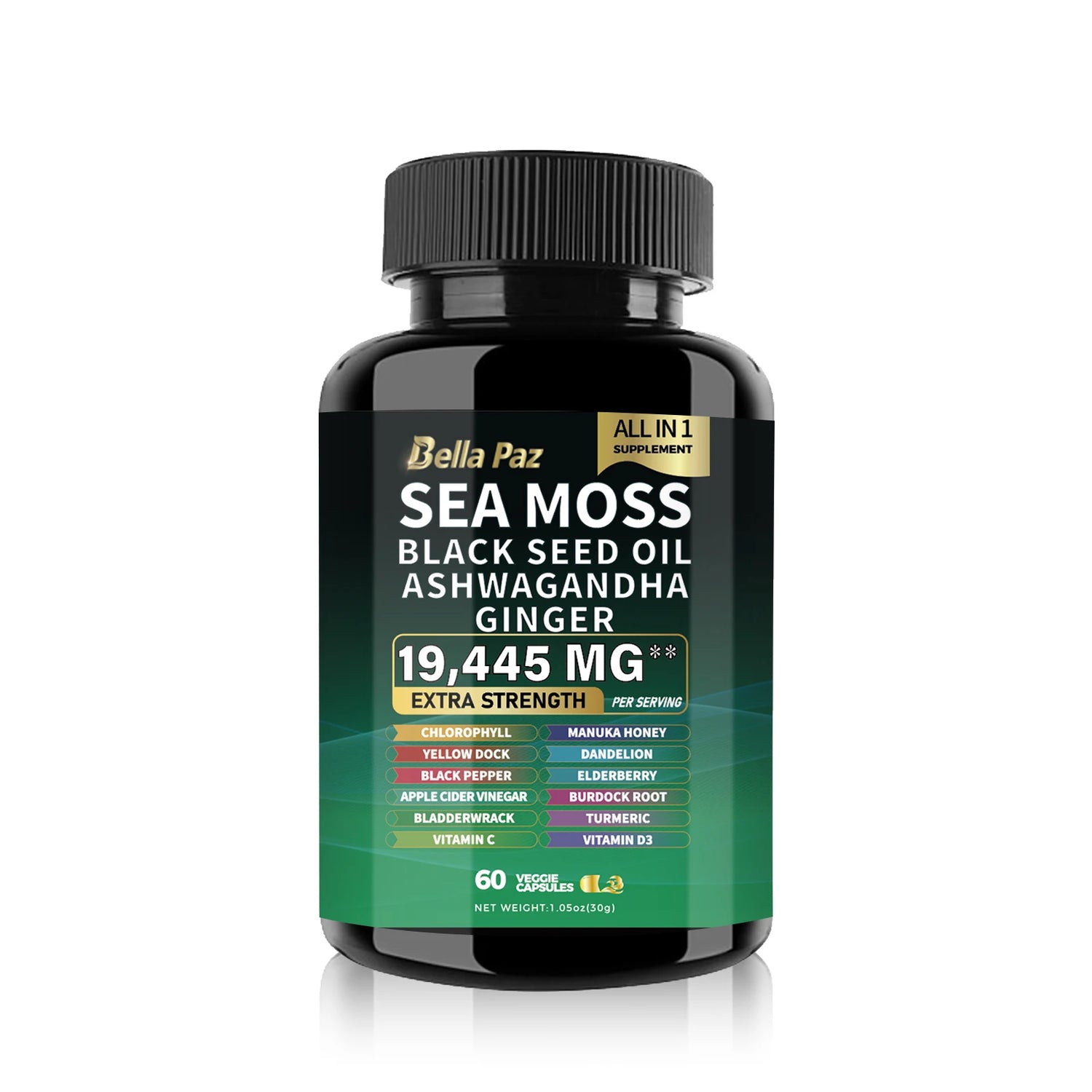 BellaPaz Bundle: Sea Moss 7000mg, Black Seed Oil 4000mg, Ashwagandha 2000mg, Ginger, Shilajit 9000mg, Ginseng 1500mg (2 Bottles)