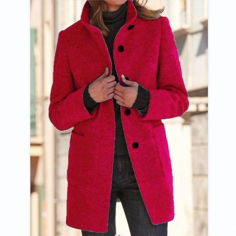 Fashion Stand Collar Woolen Coat With Pockets Fall Winter Casual Button Outwear For Women Clothing - OniVibe