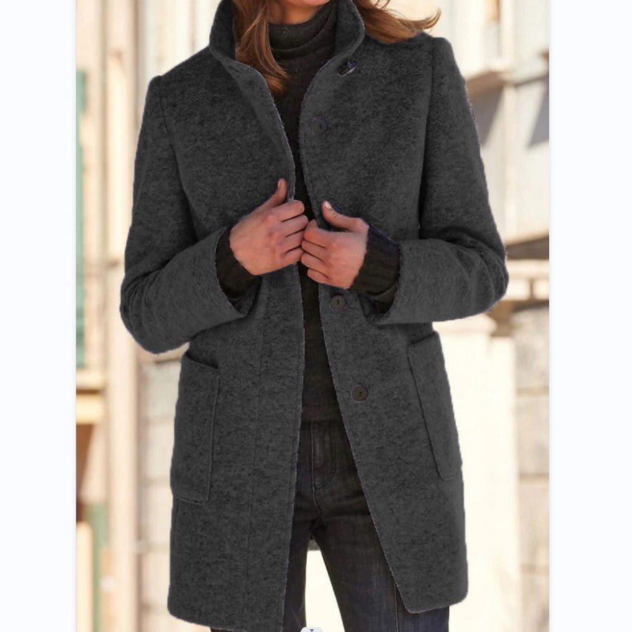 Fashion Stand Collar Woolen Coat With Pockets Fall Winter Casual Button Outwear For Women Clothing - OniVibe