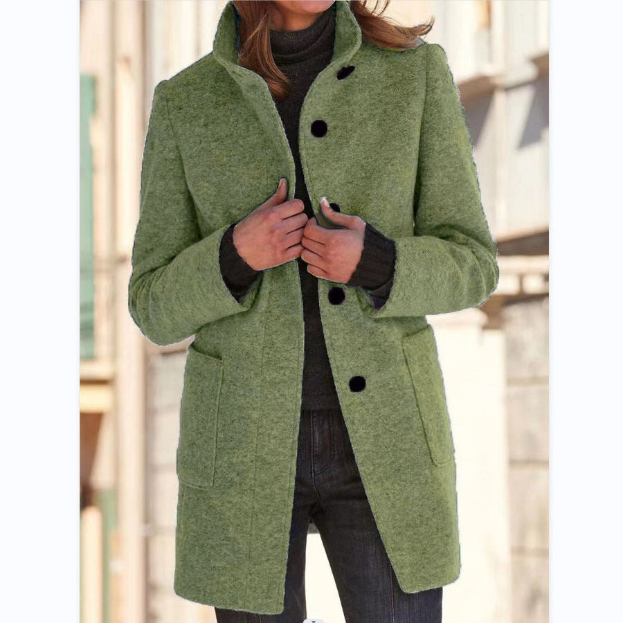 Fashion Stand Collar Woolen Coat With Pockets Fall Winter Casual Button Outwear For Women Clothing - OniVibe