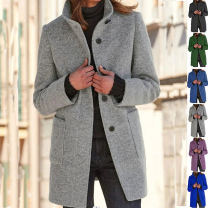 Fashion Stand Collar Woolen Coat With Pockets Fall Winter Casual Button Outwear For Women Clothing - OniVibe