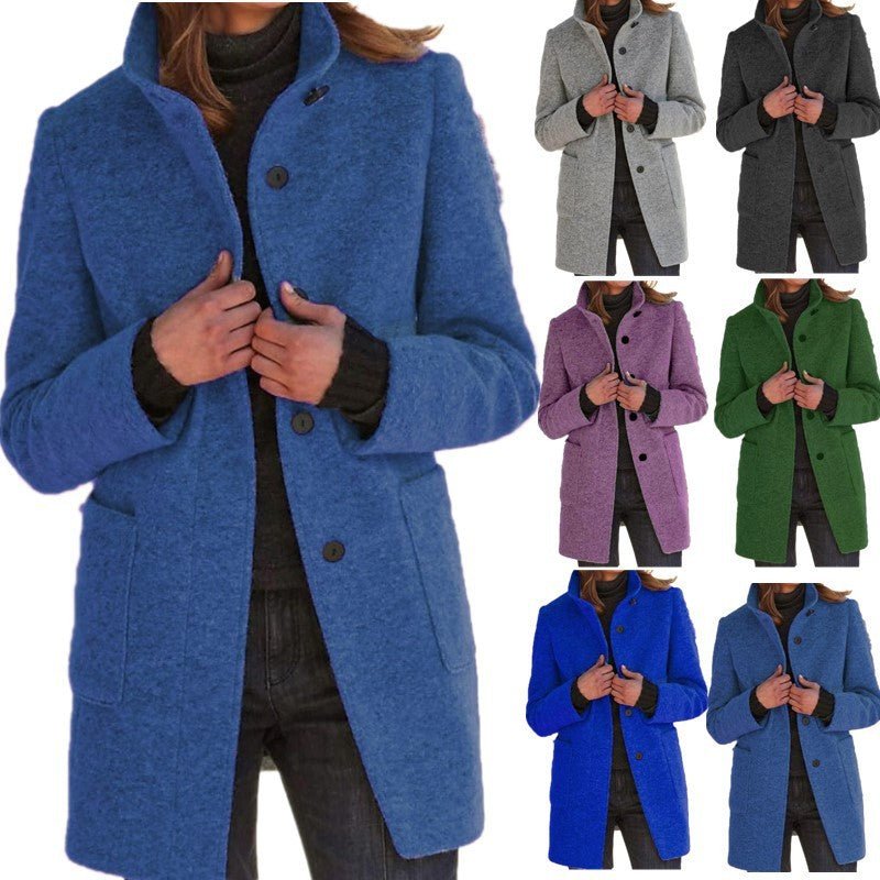 Fashion Stand Collar Woolen Coat With Pockets Fall Winter Casual Button Outwear For Women Clothing - OniVibe